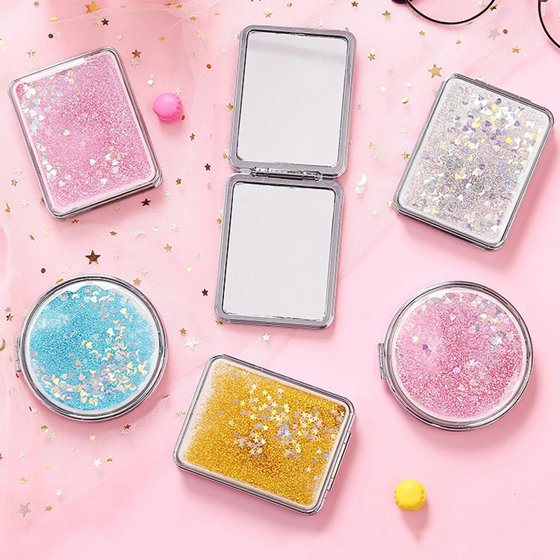 Flowing Sands Mini Folding Makeup Mirrors Pocket Mirror For Girls Women Double-Sided Sparkling Make Up Mirror Beauty Accessories