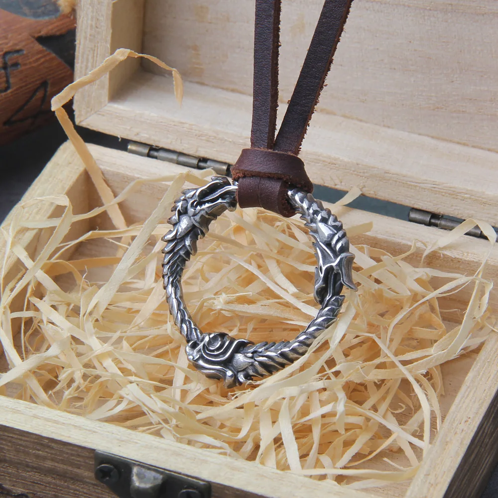 Stainless Steel Goth Infinity Ouroboros Norse Dragon Necklace Pendant Gothic Accessories Amulet Viking Runes Jewelry with box