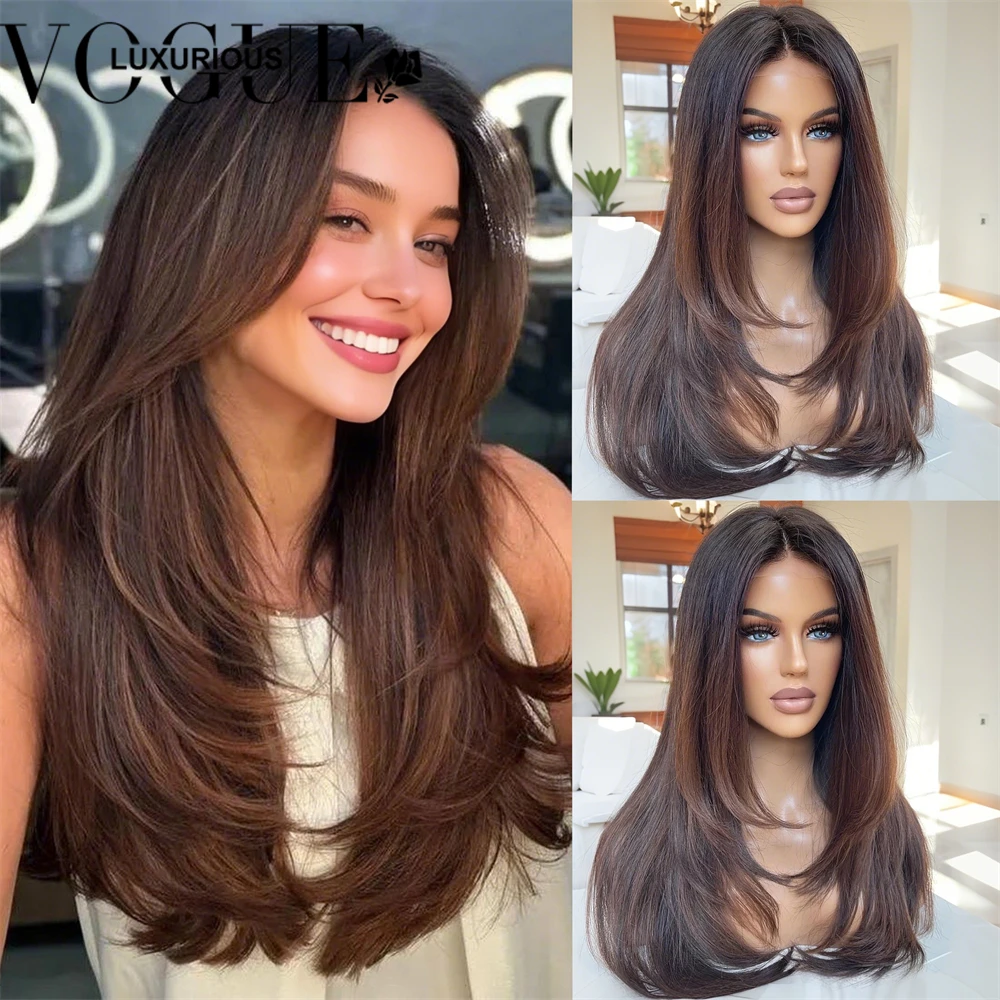 غلويليس الطبقات قطع البندق البني مستقيم شعر بشري لعذراء الباروكات مع شعري طبيعي سهل الارتداء قبل قطع الدانتيل شعر مستعار أمامي #5