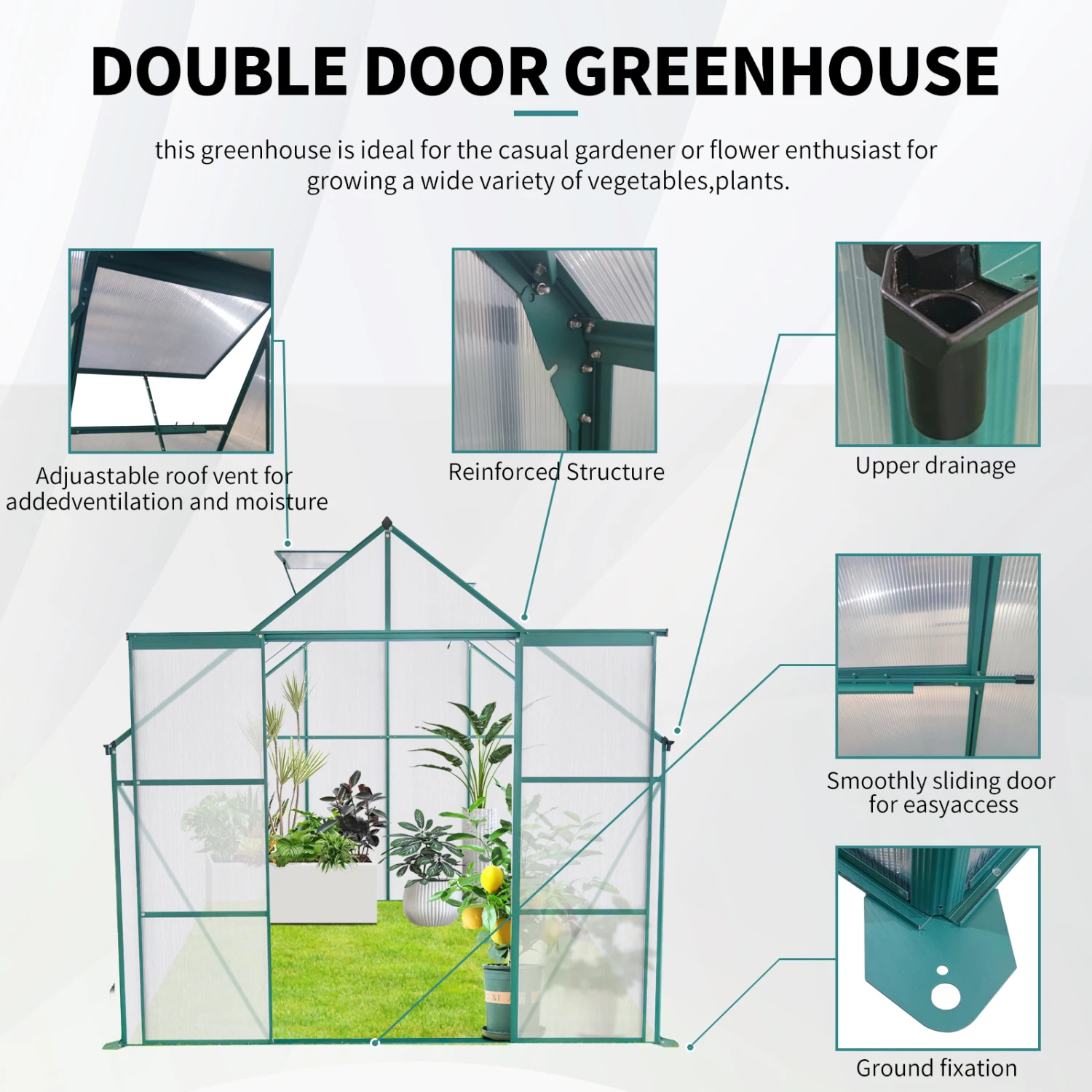 

8X6FT Green Double Door Polycarbonate Greenhouse with Raised Base and Anchor, Heavy Duty Walk-in Greenhouse for Outdoor Backyard