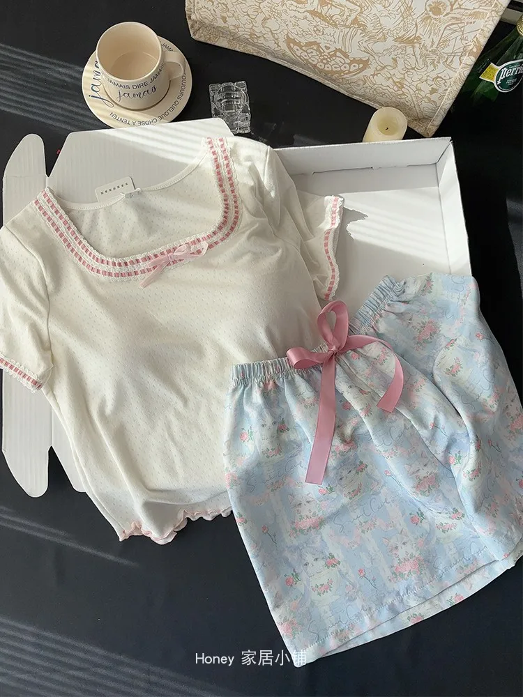 2025 summer new sweet sister short-sleeved pajamas cartoon cute cat woven cotton casual loose loungewear three-piece set