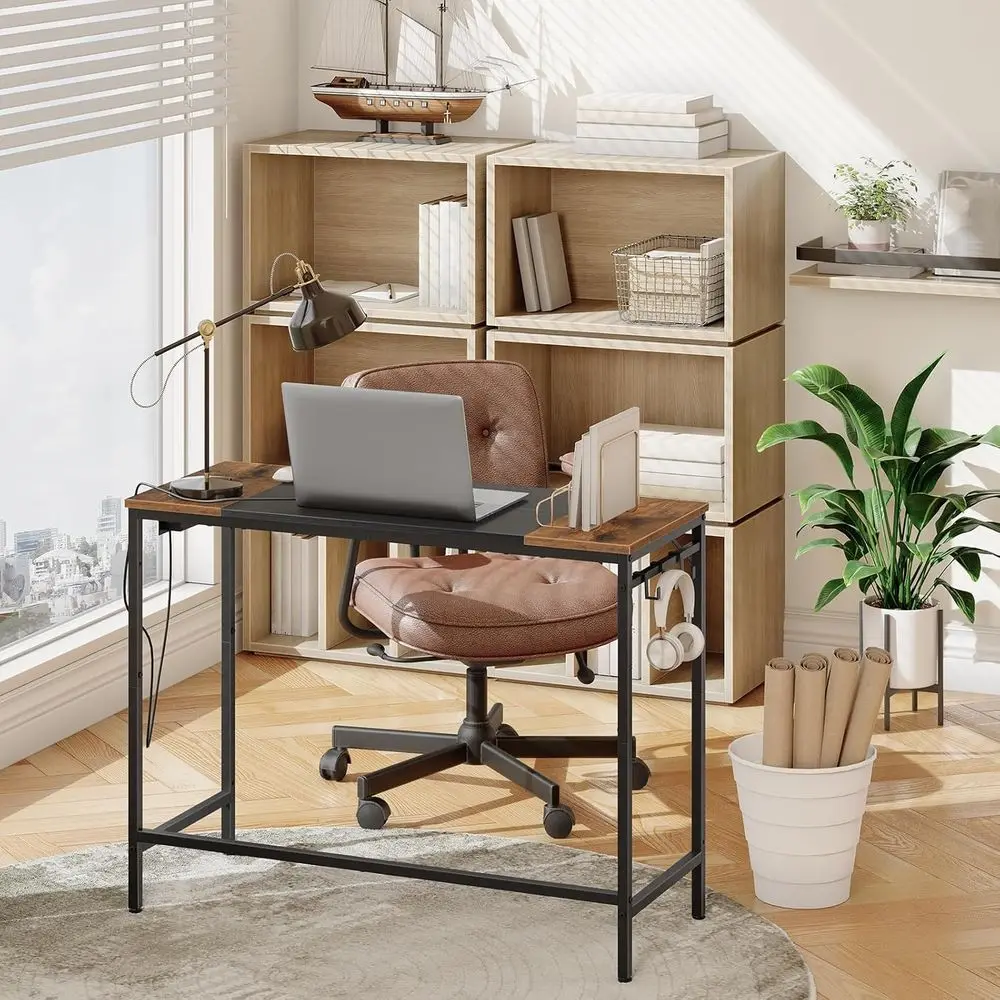 Modern Rustic Brown & Black Home Office Desk with Power Outlet and 3 Hooks for Easy Assembly