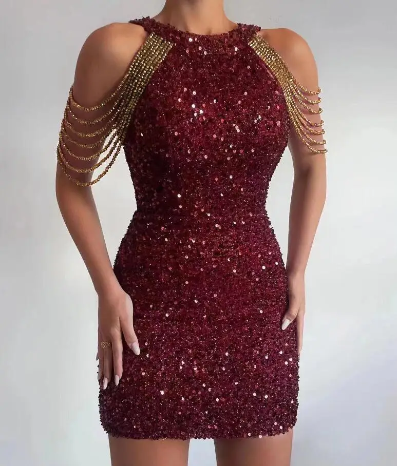 Spring/Summer New Fashion Hanging Neck Sexy Chain Wrapped Hip Sequin Sleeveless Slim Fit Dress For Women,6 Colors