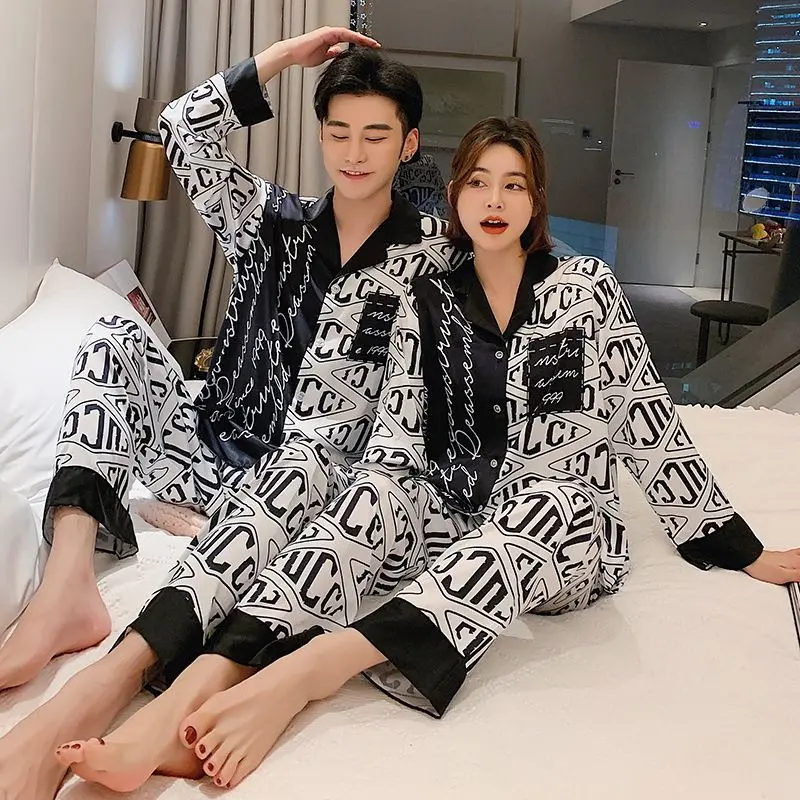 2024 New Couple Pajamas Spring Autumn Women Ice Silk Cool Comfortable Thin Homewear Suit Luxury Loose Casual Men Nightclothes