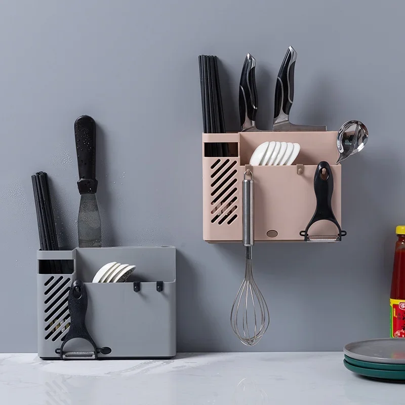 Kitchen Wall-Mounted Multi-Function Storage Rack Chopstick Cage Hole-Free Drainable Spoon Holder Knife Rack Utensil Storage S...