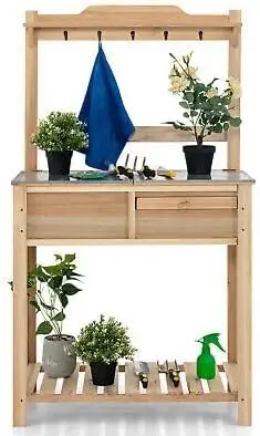 Replacement For Wooden Potting Bench W/Galvanized Metal Tabletop&Shelves&Storage Box Outdoor Size : 31