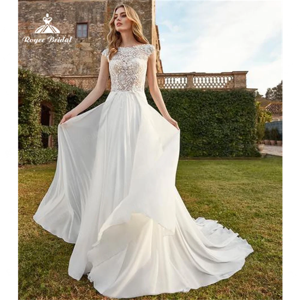 Roycebridal O-Neck A Line Wedding Dress 2025 Chapel Train Lace Chiffon Wedding Gown amanda novias wedding dressvestidos novias