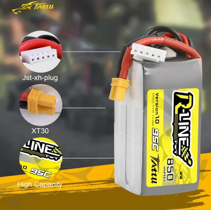

Аккумулятор Tattu R-Line 850 мАч 14.8В 95C 4S LiPo с разъемом XT30 для мультикоптеров FPV, размер 100-180