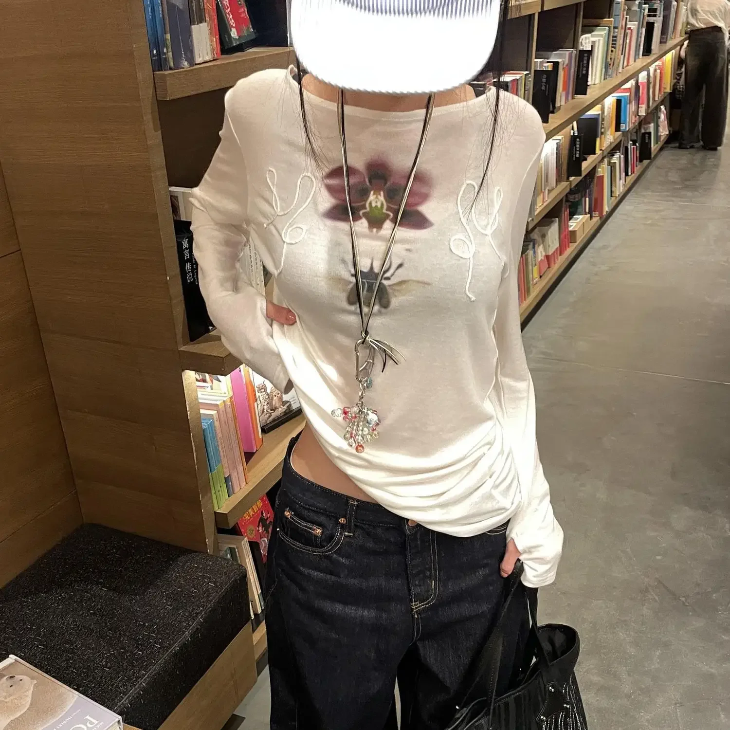 Onalippa Fashion Printed Lazy Style Off Shoulder T-shirt Slightly Transparent Round Neck Design Long Sleeved Base Top 2025 New image 2