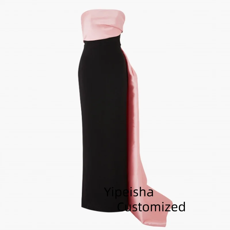 Vestido de noite de cetim sem alças, longo, plissado, personalizado, com fenda, sereia, crepe