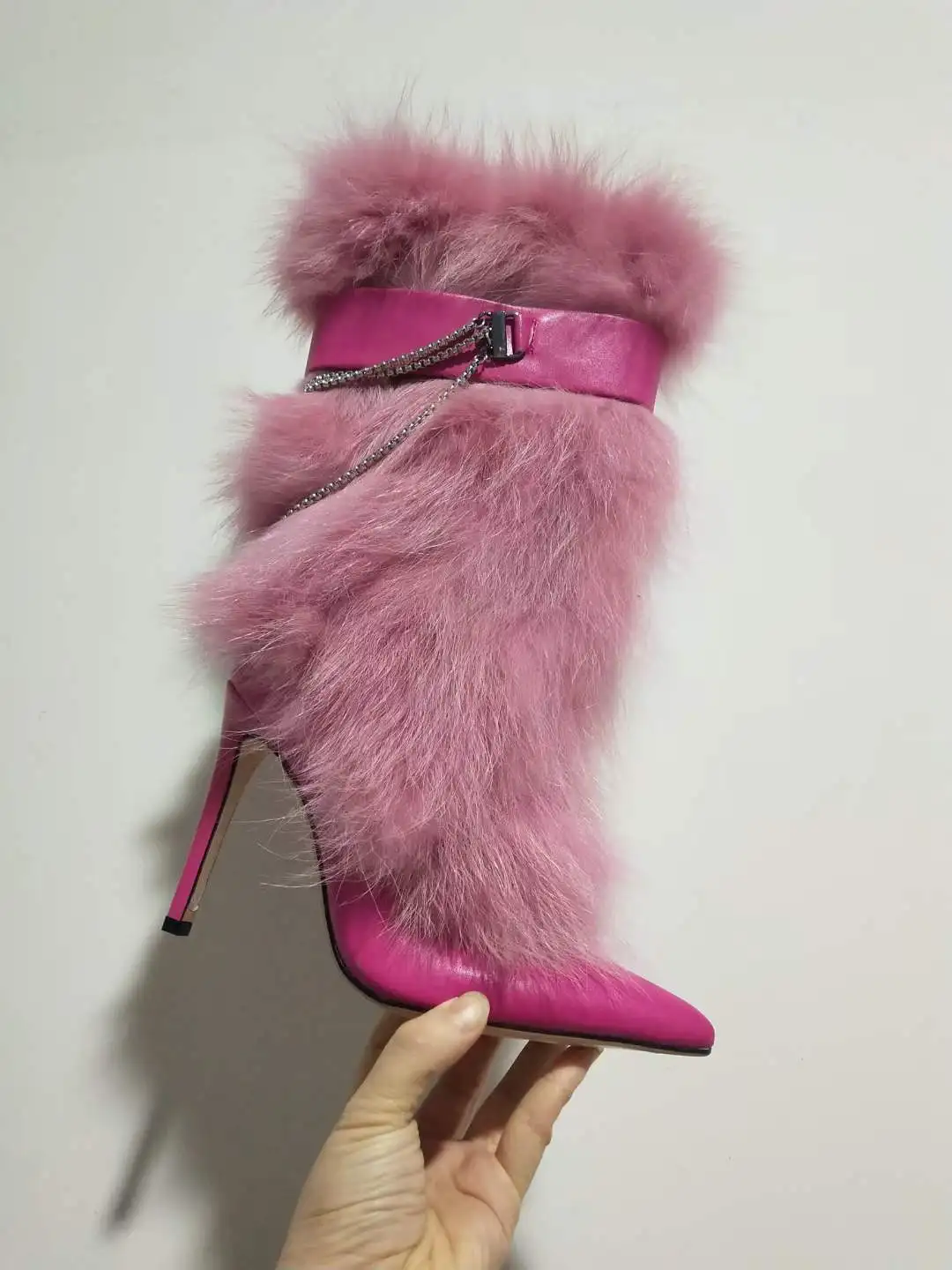 Pink Feather Pointed Toe Stiletto Heels Boots Crystal Chain High Boots Women Fashion Winter Keep Warm Long Boots