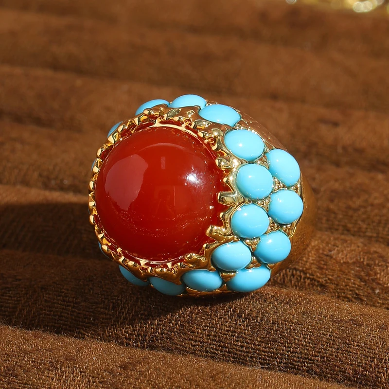 

Vintage Red Agate Ring Blue Sapphire Turquoise Jewelry Crown Natural Stone Accessories For Women Luxury Quality Designer 2025