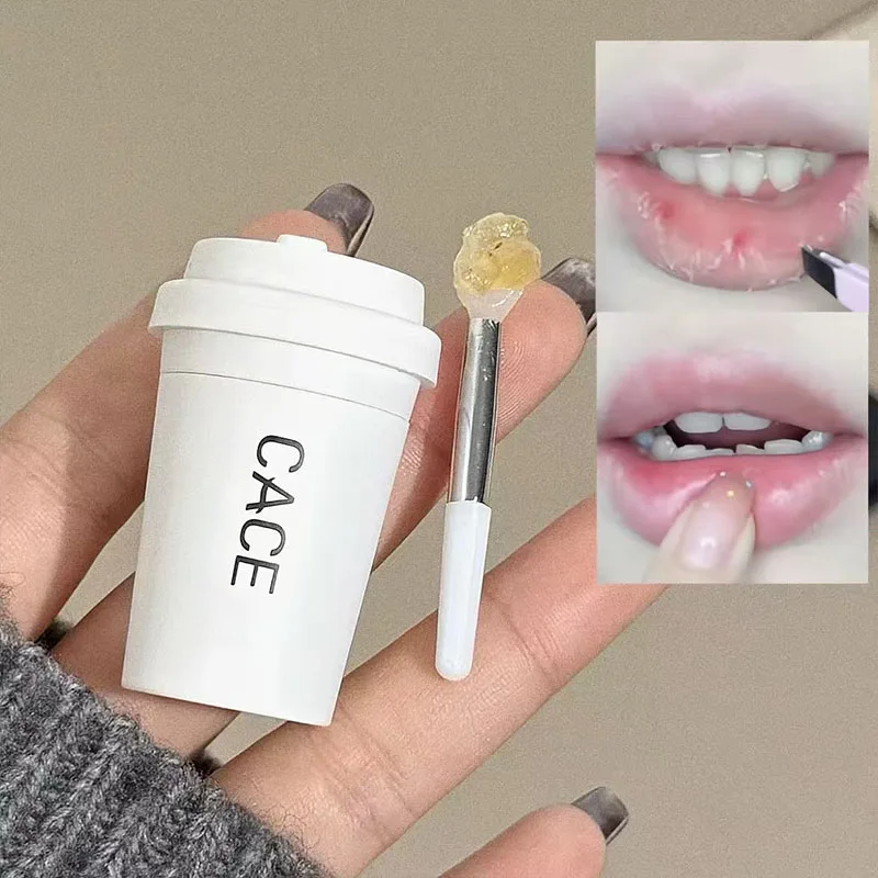 CACE Little Coffee Cup Design Lip Mask Peach Honey Lip Balm Thick Coating Nourishing Lips Care Chapped Lip Mask With Small Spoon