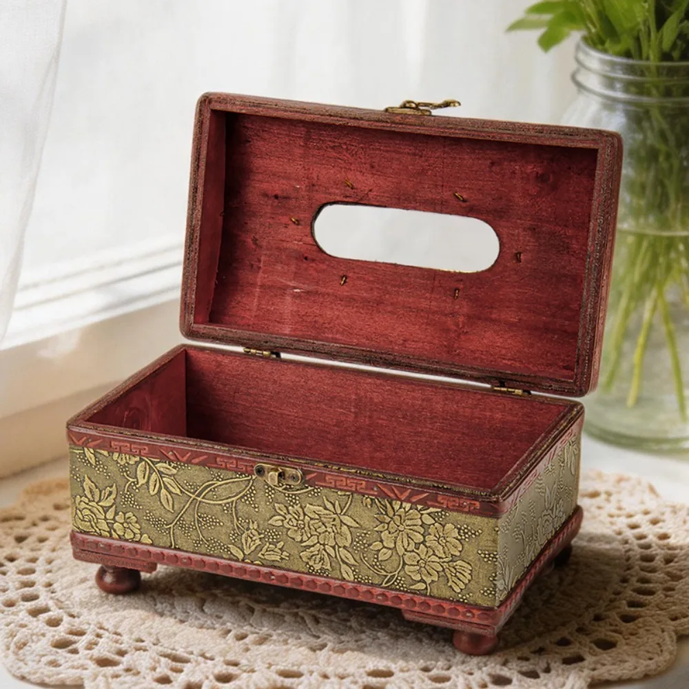 Vintage Royal Style Wooden Tissue Box Treasure Chest Design Floral Embossed Tissue Dispenser Raised Feet Rectangular