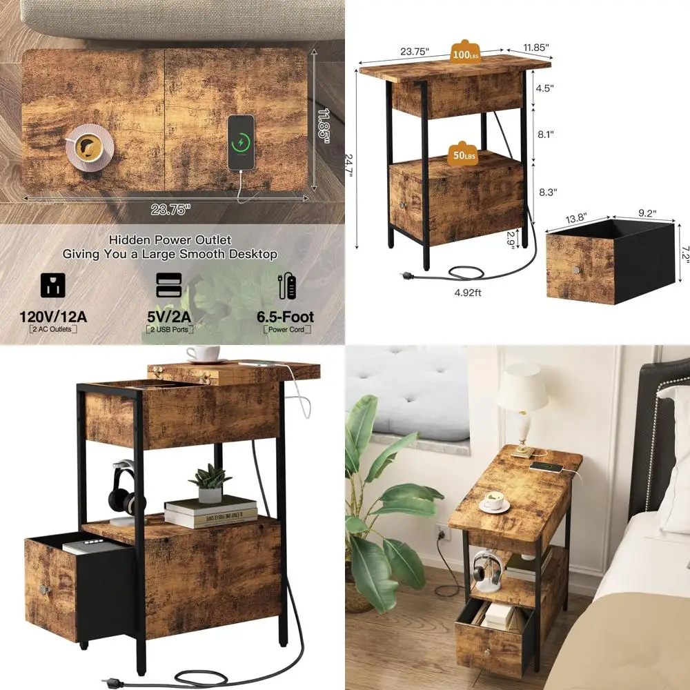 

Compact Rustic Brown Charging Nightstand with Flip Cabinet & Fabric Drawer for Small Spaces