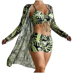 Three Piece Swimsuit Padded Shirt Open Back Plant Street Printed Fashion Lighweight Tank Top Boxer Slim Fit Swimwear For Female