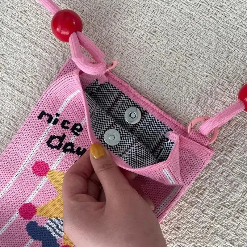 Cute Cartoon Knit Crossbody Phone Bag Adjustable Strap Lovely Pastel Print Small Pouch for Women Casual Street Outings