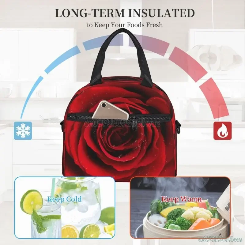 Red Rose Flowers with Raindrop Insulated Lunch Bag Cooler Thermal Bento Tote Bags for Work Travel Picnic Valentine\'s Day Gifts