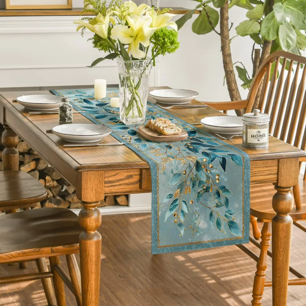 Christmas Table Runner - 1PC Blue Gold Leaf Shadow Dreamy Forest Pattern Clear Print Cover for Winter Holiday Dining
