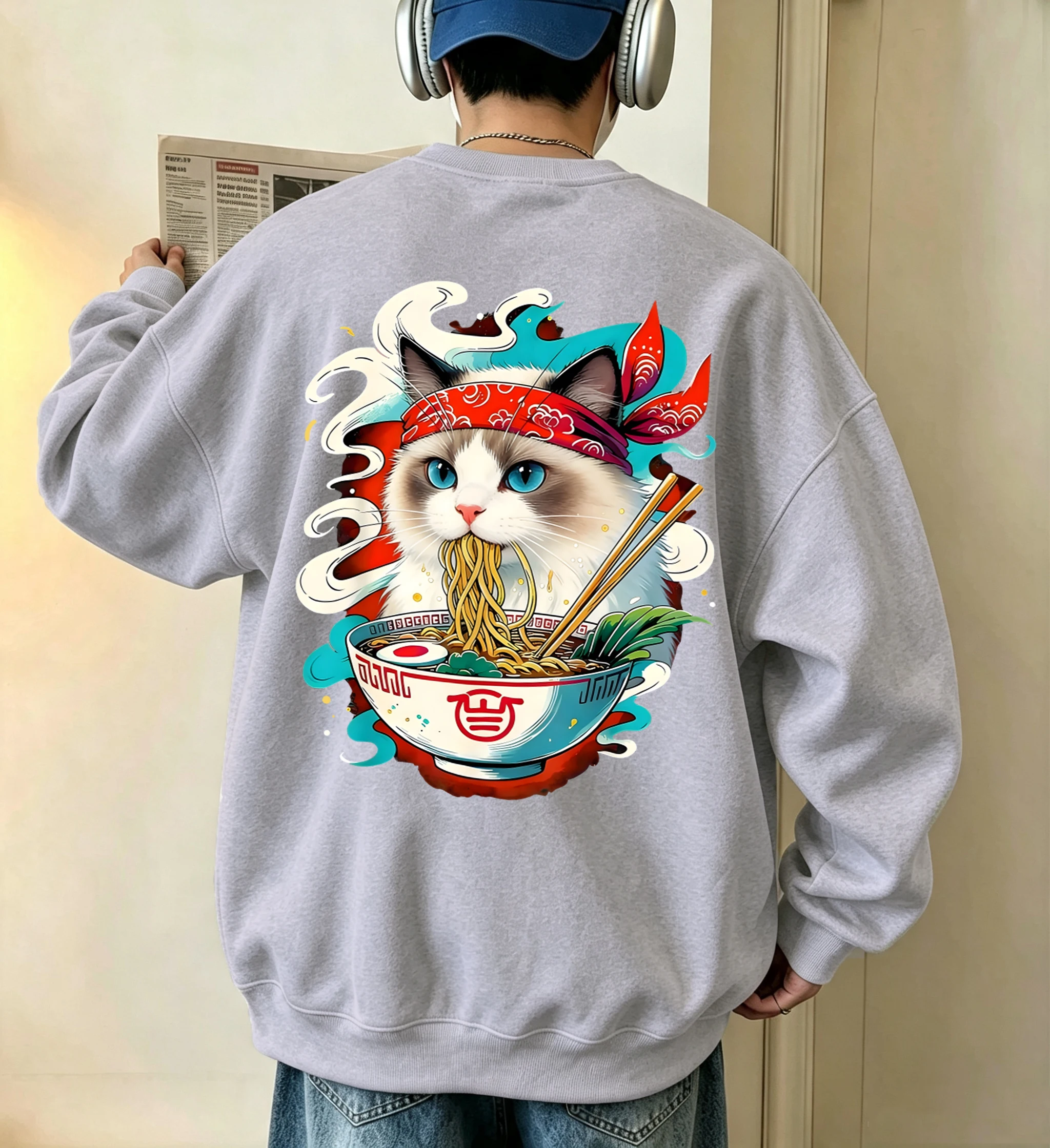 Katze kämpft mit Lamian-Nudeln bedruckter Herren-Fleece-Pullover, Vintage, lässig, langärmelig, Unisex, locker geschnittenes Basic-Sweatshirt – Detail 11