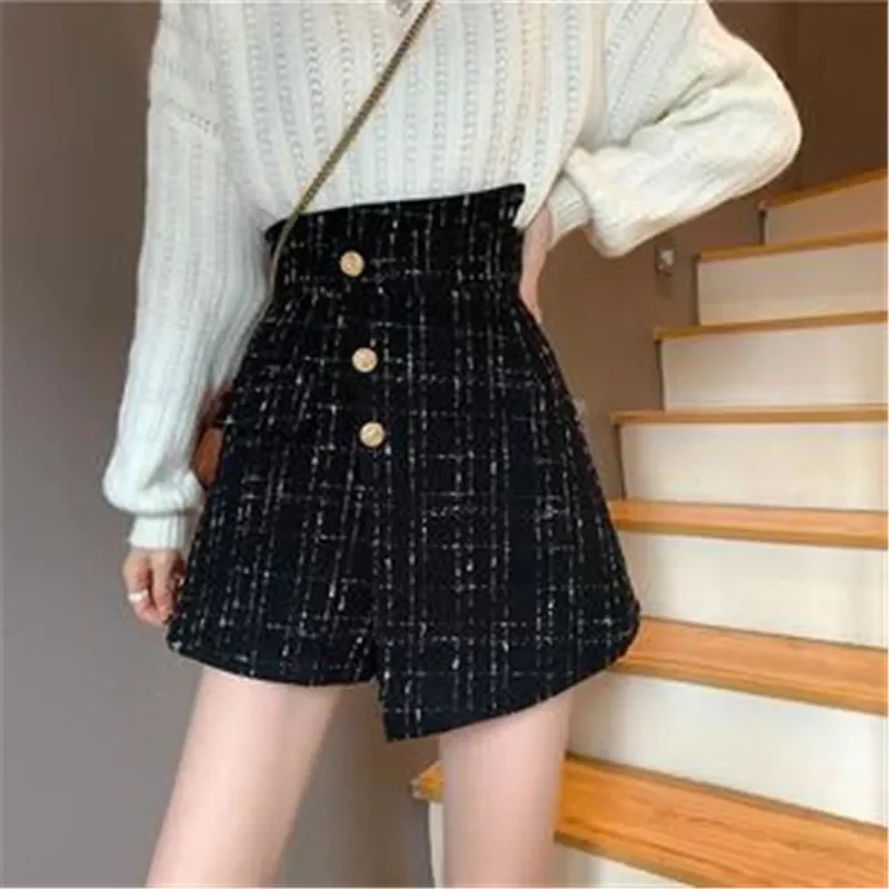 Autumn Winter 2024 Classic Woolen Style Plaid A- Line Sexy Mini Shorts Women 2XL Elegant Irregular High Waist Shorts Skirt Women