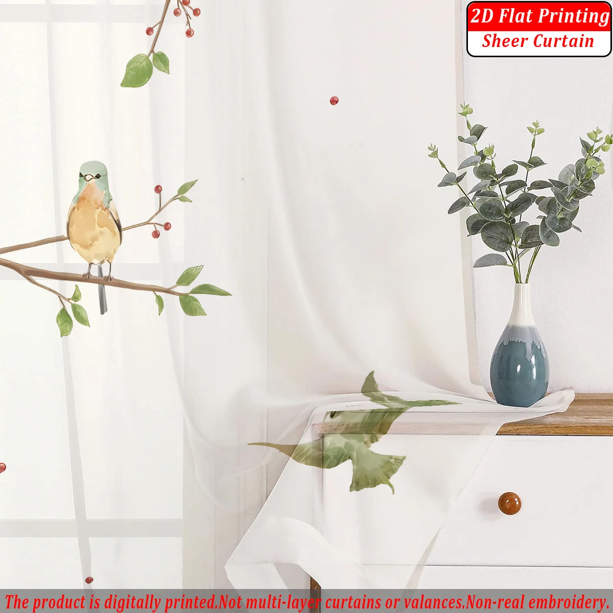 Branches Flying Birds Flat Printing Sheer Curtain，Light Fabric，for Living Room Bedroom Home Door and Window Decor - view 3