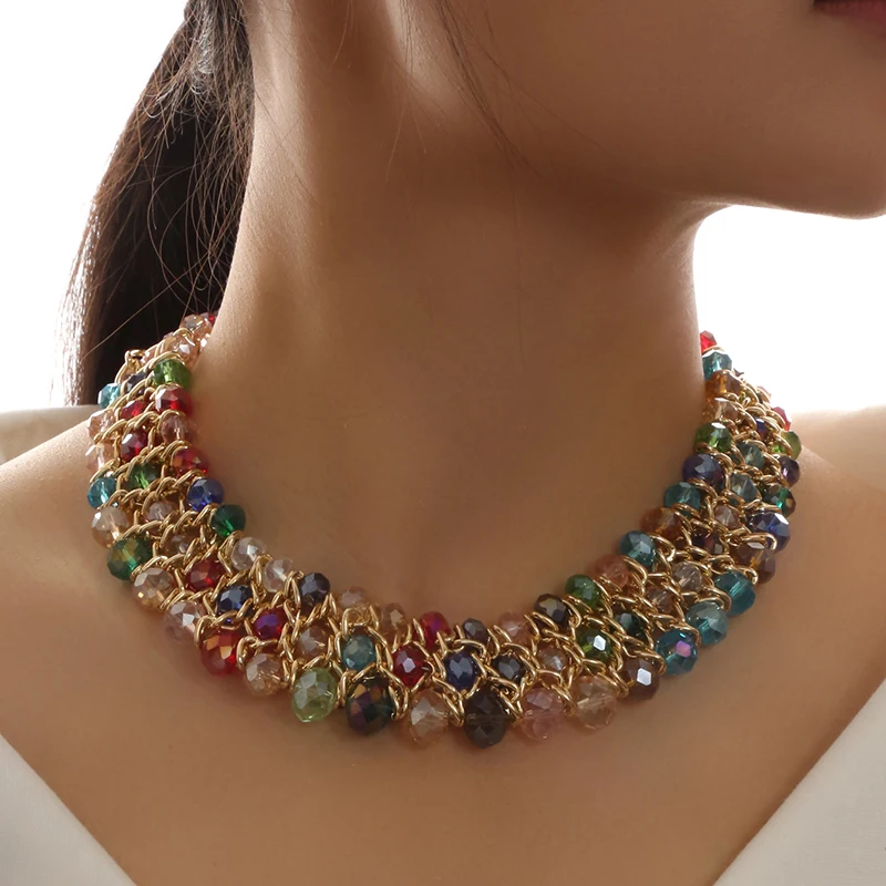 New Handmade Colorful Crystal Mixed Multilayer Choker Necklace Women Bijoux Beads Collar Necklace Jewellery