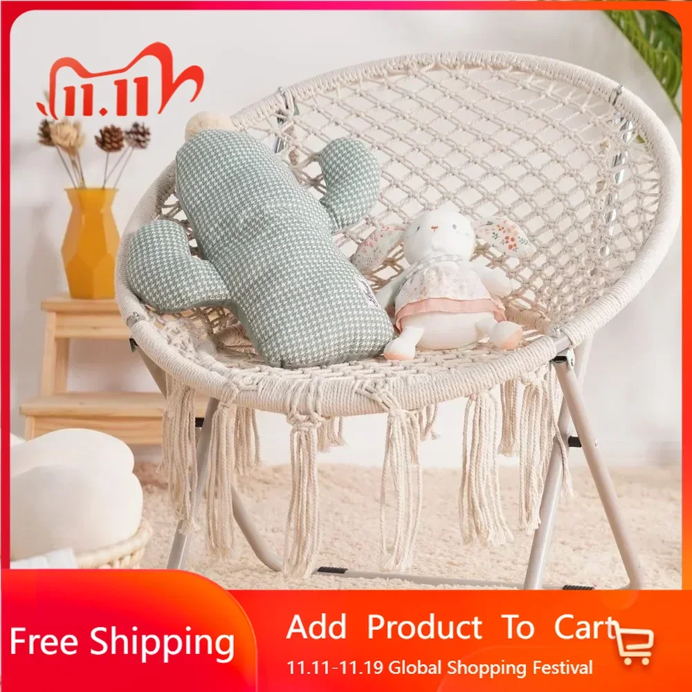 Chair with Folding Metal Frame, 100% Cotton Handmade Round Cozy Chairs, Exquisite Moon Chair for Bedroom, Living Room Décor