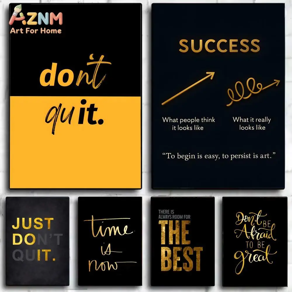 AZNM Motivational Success Quotes Frameless Canvas Wall Art, Inspirational Gold Typography Print, Office Home Decor, Unframed Pai