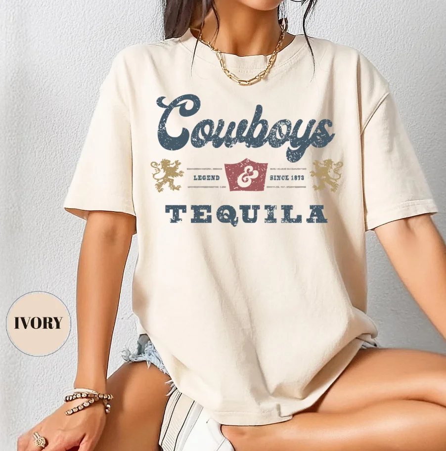 

Женская футболка больших размеров с принтом «Ковбои и текила», из чистого хлопка, дышащая, стильная, универсальная, в уличном стиле, оверсайз