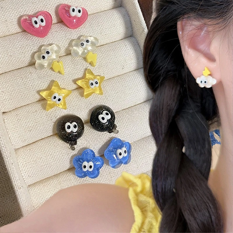 5pcs Korean Cute Earrings Set Girls Sweet Trendy Cartoon Colors Resin Stud Earring Luxury Asymmetric Small Ear Studs Jewelry