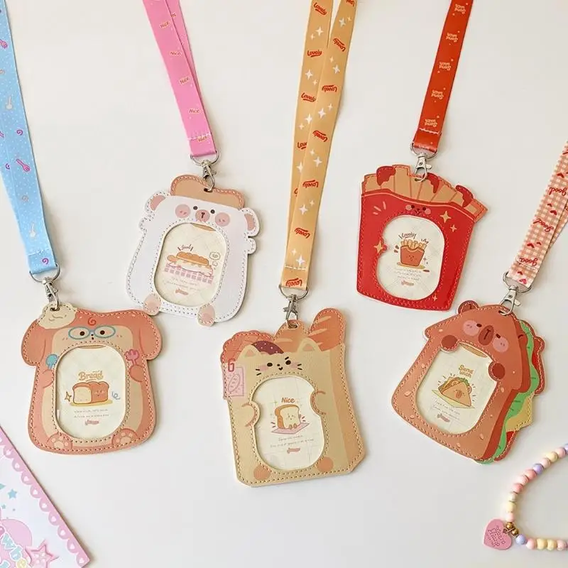 Lovely Print Card Sleeve Flexible PU Idol Photo Card Display With Easy Wear Neck Strap For Everyday Carry