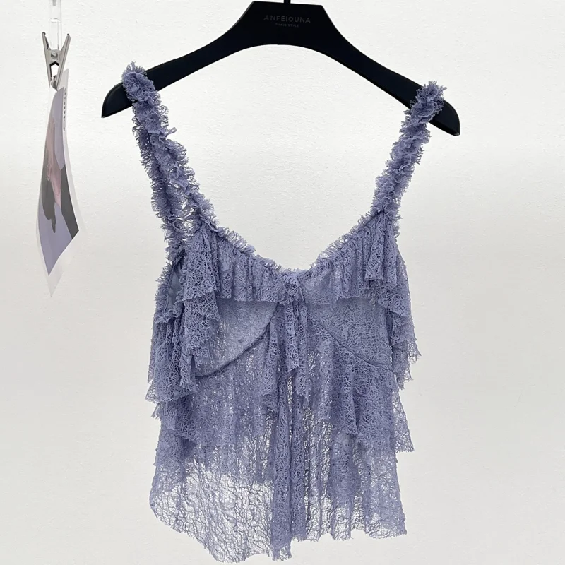 

New Elastic Lace Laminated V-neck Suspender Purple Romantic Slim Women Tanks Fashion Sweet Sexy Wedding Party Lady Vest Top