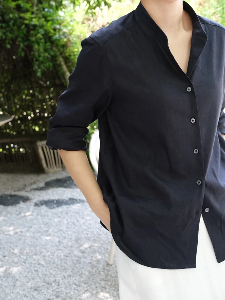 

Loose Casual Long Sve Linen irt Light Stretch k Blue Women's Ne Thin Fabric Comfortable Breathable Autumn irt