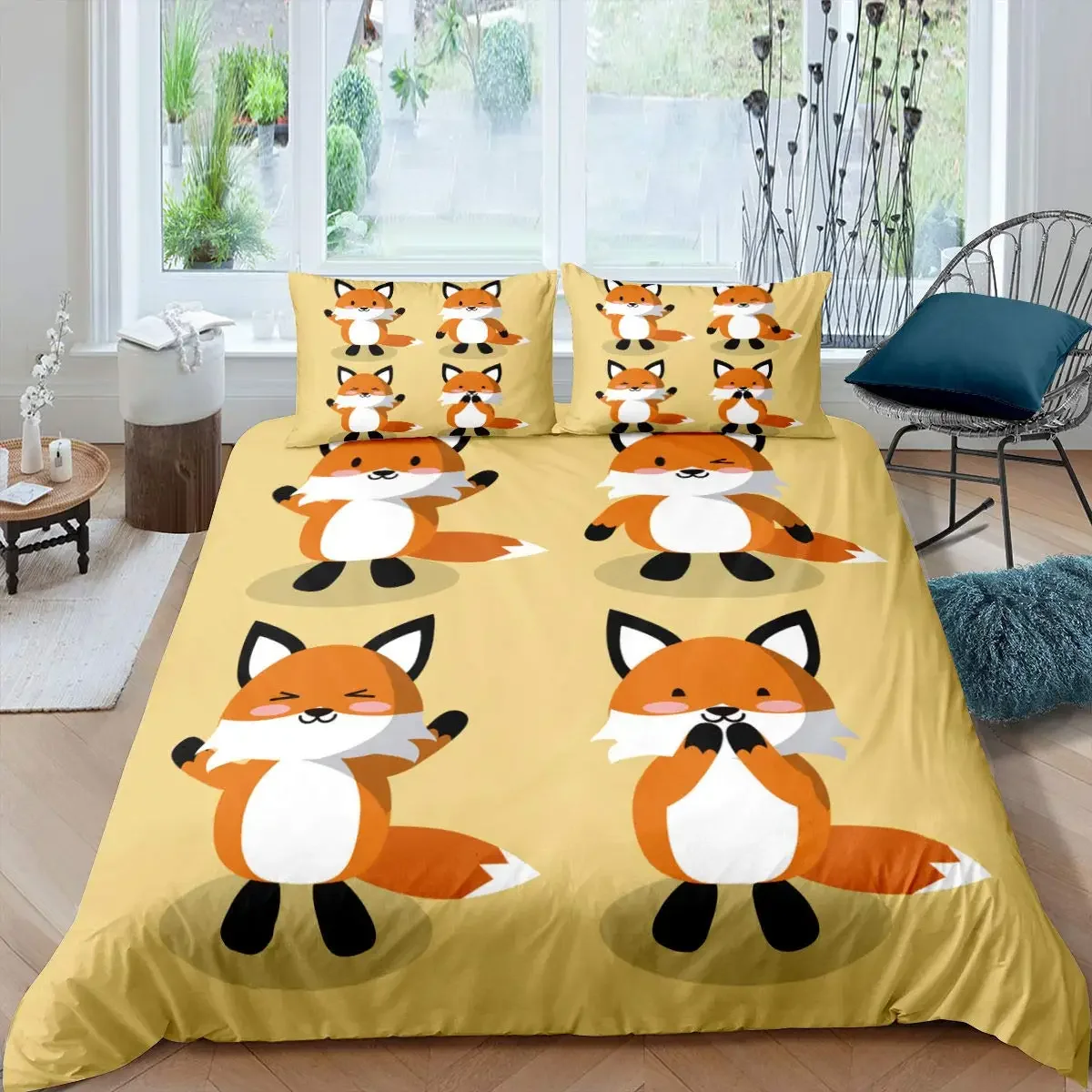 Fox King Queen Duvet Cover Kawaii Cartoon Fox Family Bedding Set for Kids Cute Orange Wild Animal 2/3pcs Polyester Quilt Cover