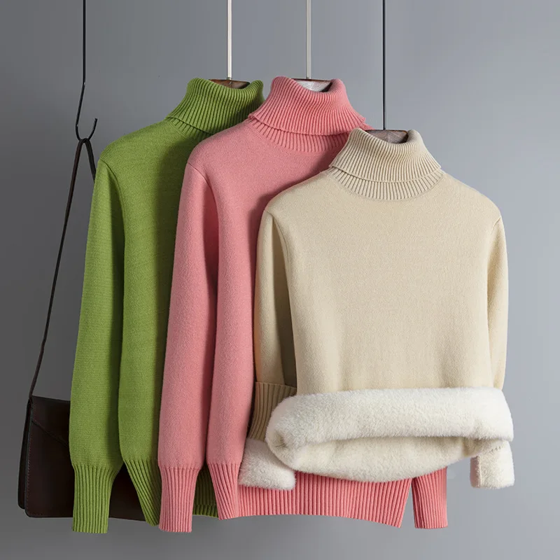 

Winter Women's Oversize Turtleneck Thick Knitwear Solid-color Slim Sweater Korean Fashion Women's Fleece Pullovers Mink Cashmere