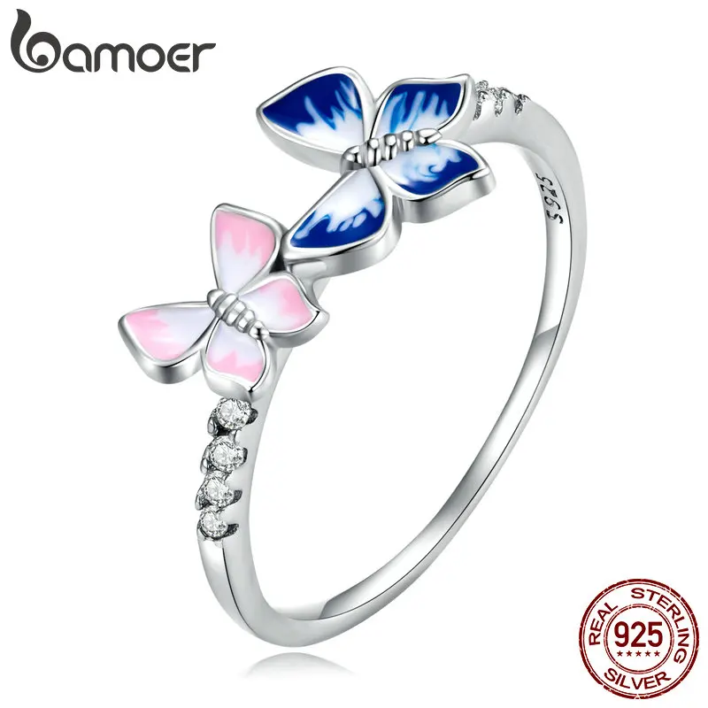 BAMOER 925 Sterling Silver Butterfly Band Adjustable Ring with CZ Trendy Jewelry Gifts for Women