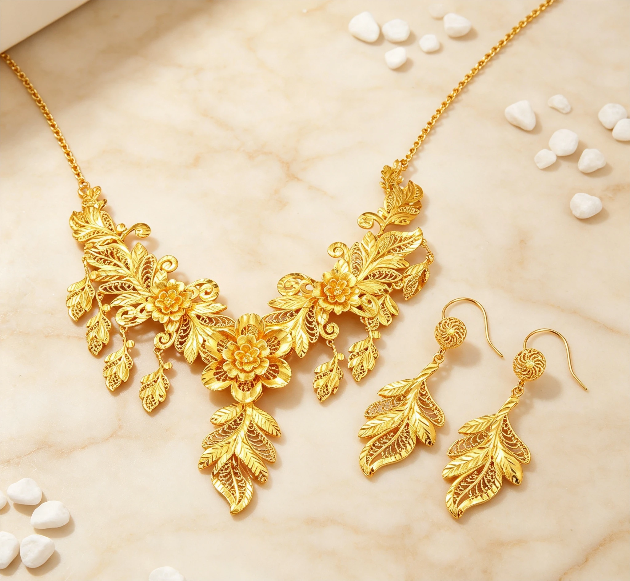 Pure Gold real gold Women's Hollow Flower Leaf Necklace Earring Set Giving gifts for friends