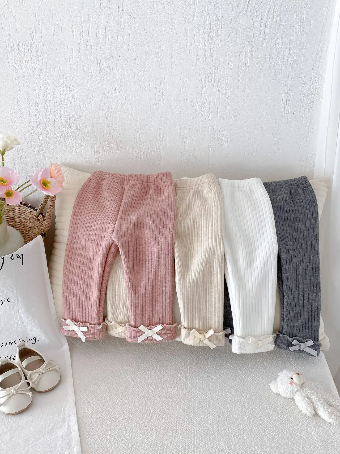 

Korean Style Girls Bow Knot Leggings Fleece Lined Autumn Winter Pants 1-3 Years Children's Warm Bottoms