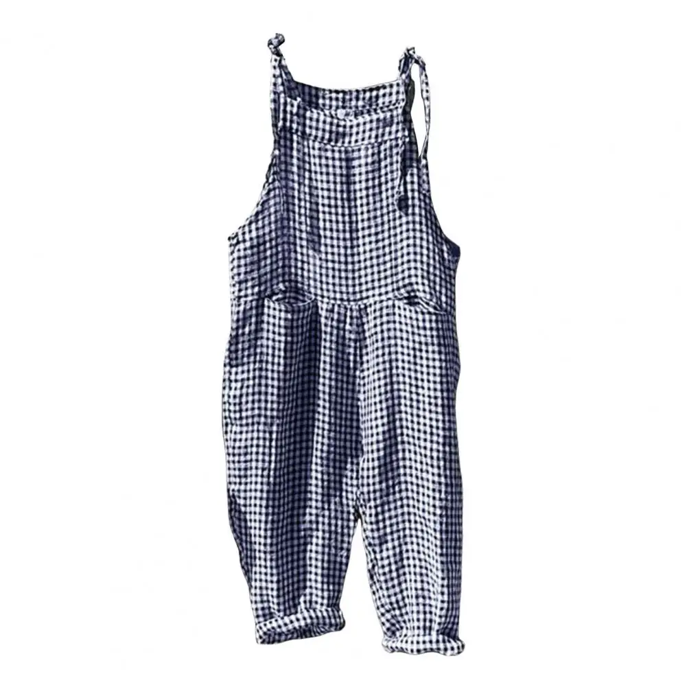 Loose Fit Jumpsuit Plaid Print Deep Crotch Backless Jumpsuit with Pockets Casual Stylish Women's Daily Wear Casual Jumpsuit