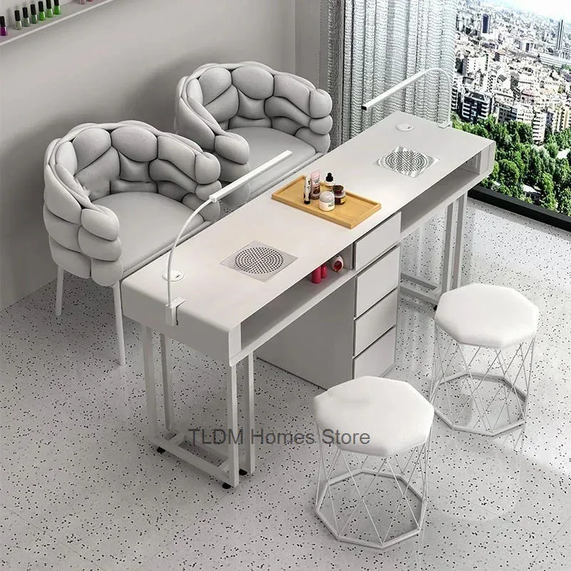 Table de manucure simple et Double moderne avec tiroirs, ensemble Table et chaise pour ongles de Style crème, Table de luxe légère pour magasin de manucure