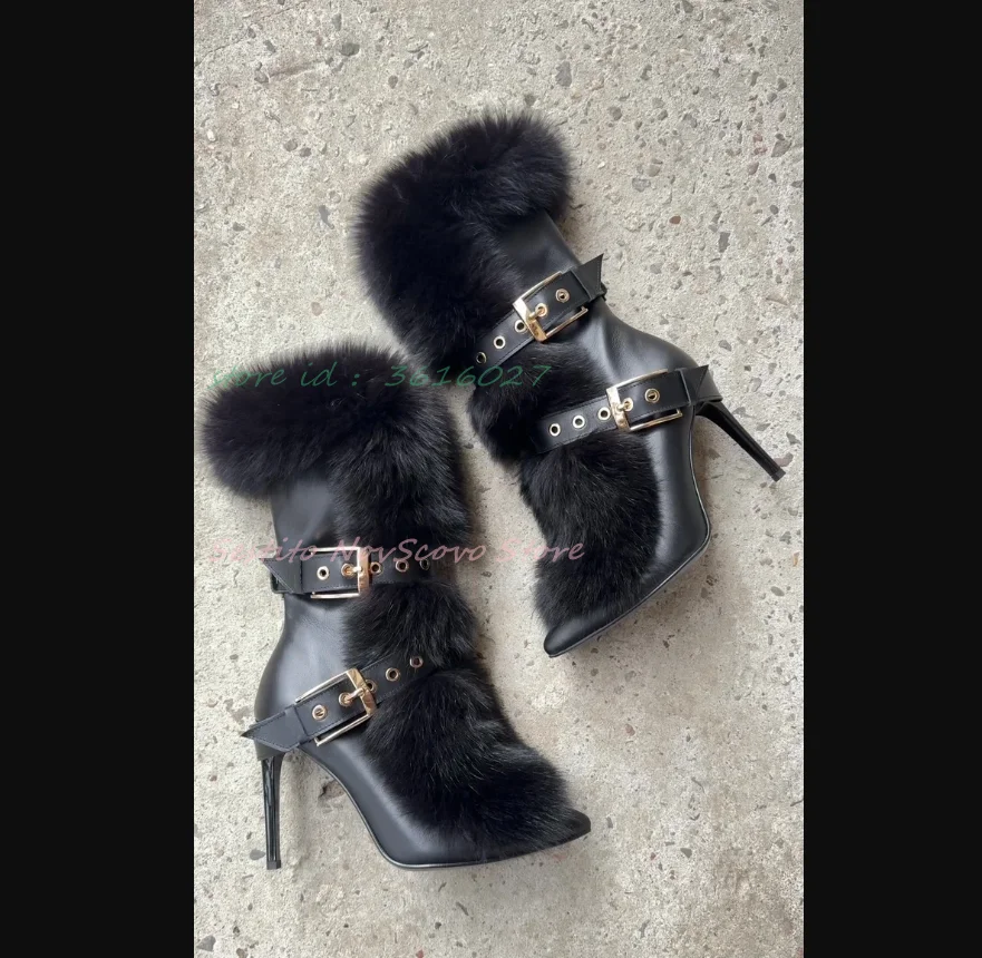 Pointed Toe Furry Mid Calf Boots Belt Buckle Decor Sexy Women Party Daily Booties High Heels Comfort Rubber Sole Outside Shoes