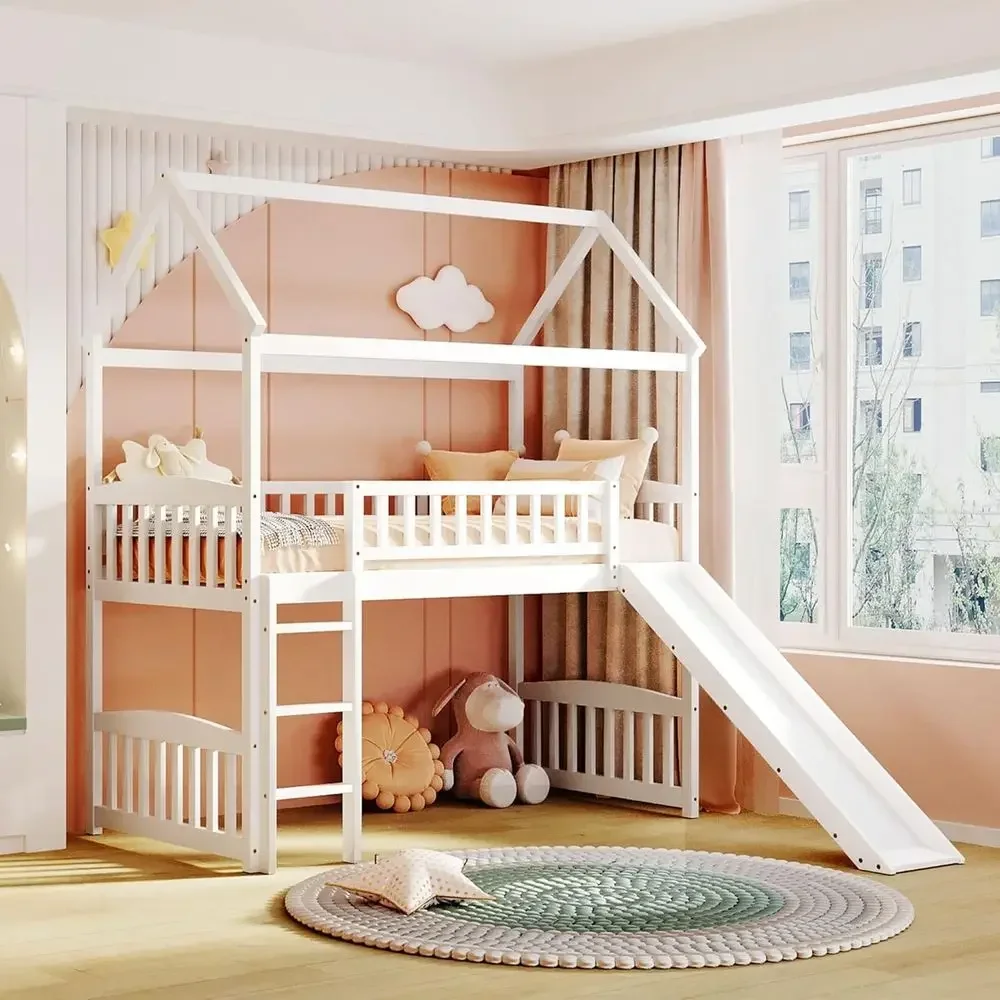 Space-Saving Bunk Bed with Slide, Suitable for Teens and Both Girls and Boys, No Box Spring Required