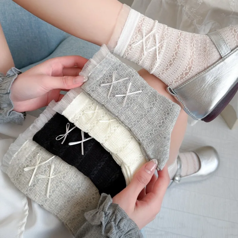 Women Ruffle Lace Cross Bow Breathable Mid Calf Stackable Socks Match Mary Jane Flats Cute Aesthetic Daily School Casual Socks