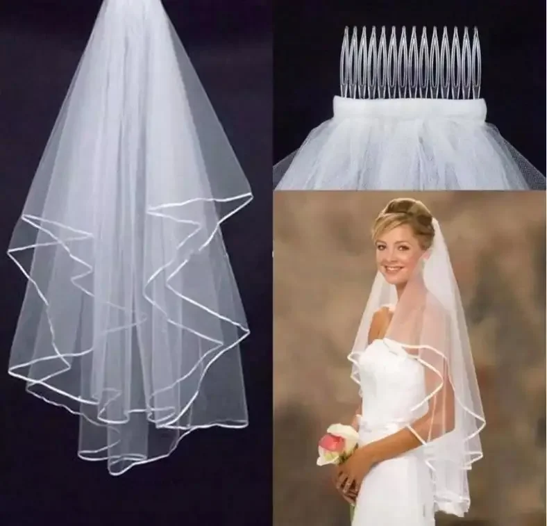 

Short Bridal Veils Two Layers 75 cm Length Ribbon Edge Wedding Veil With Comb White Ivory Accessories