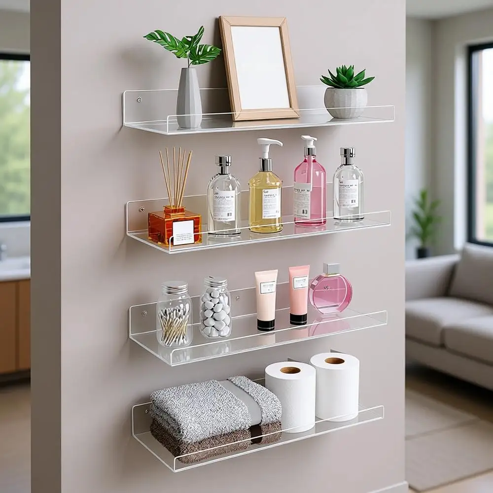 

4 Pack 15x6 Inch Clear Acrylic Wall-Mounted Bathroom Shelves for Toiletries, Toilet Paper, and Towels