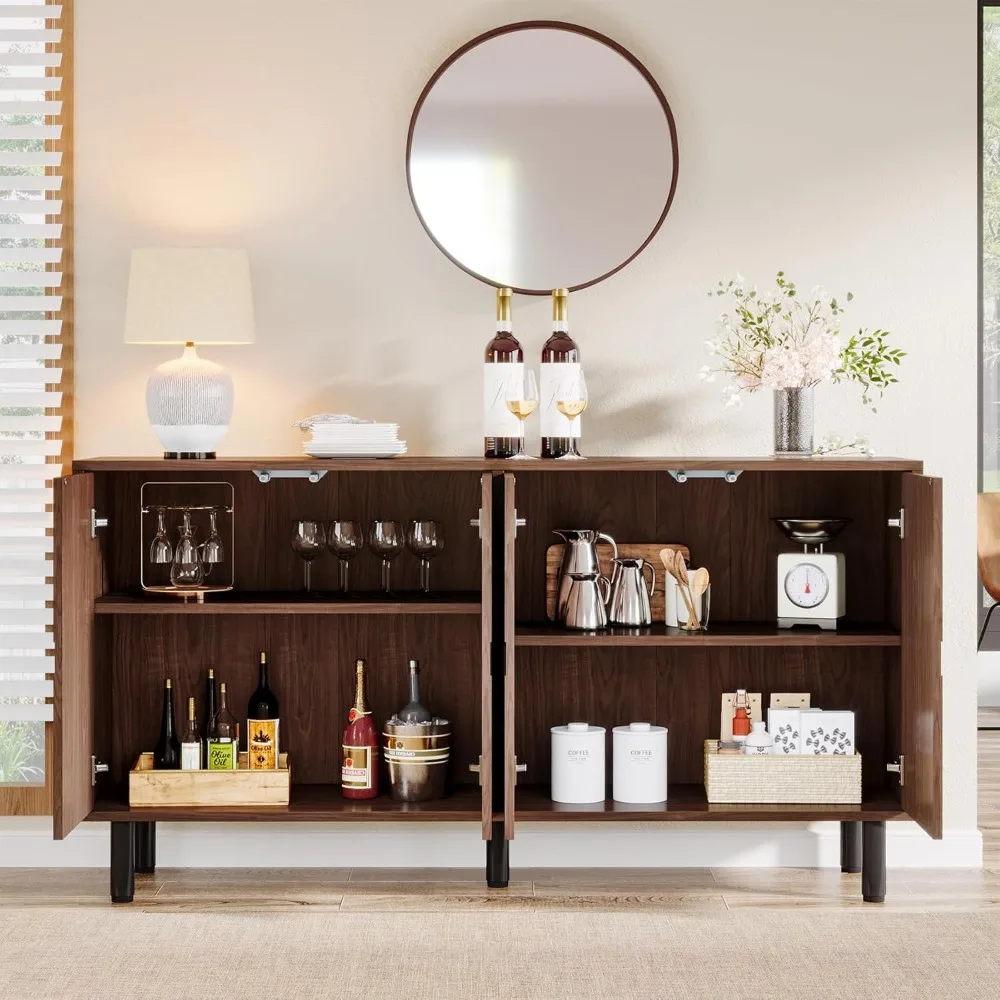 خزانة بوفيه ذات لوحة جانبية مع مساحة تخزين، وخزانة تخزين حديثة من العصور الوسطى مقاس 55 بوصة مع 4 أبواب وأرفف قابلة للتعديل #4