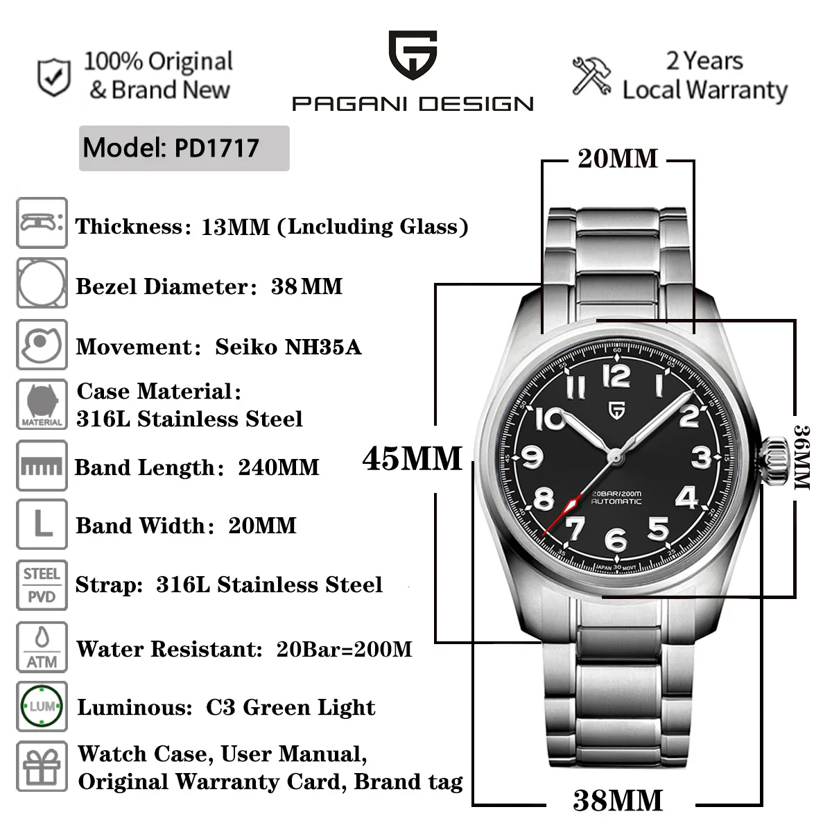 PAGANI DESIGN Top Brand Pilot 38MM Men\'s Automatic Watches Sapphire Stainless Steel 200M Waterproof Clock Relogio Masculino 2023