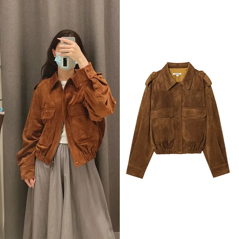 

NERHEFZ Women Suede Jacket Autumn Winter Fashion Long Sleeves Turn Down Collar Elastic Hem Zipper Lady Coat Simple Female Tops