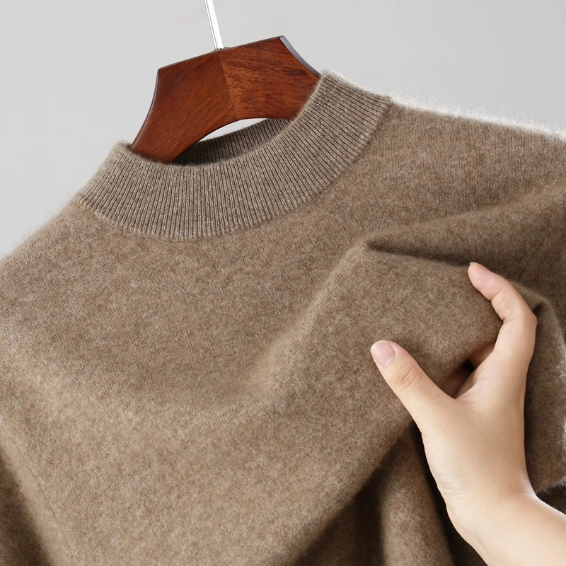 

MVLYFLRT 100% Merino Wool Men's Half High Collar Knitted Pullover Sweater Casual Simple Basic Base Sweater Autumn/Winter